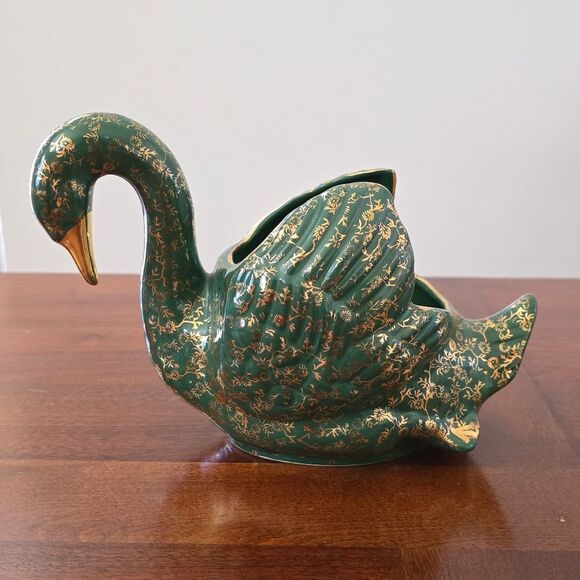 Vintage Green and Gold Ceramic Swan Fugurine Planter  Home Decor - Picture 2 of 8